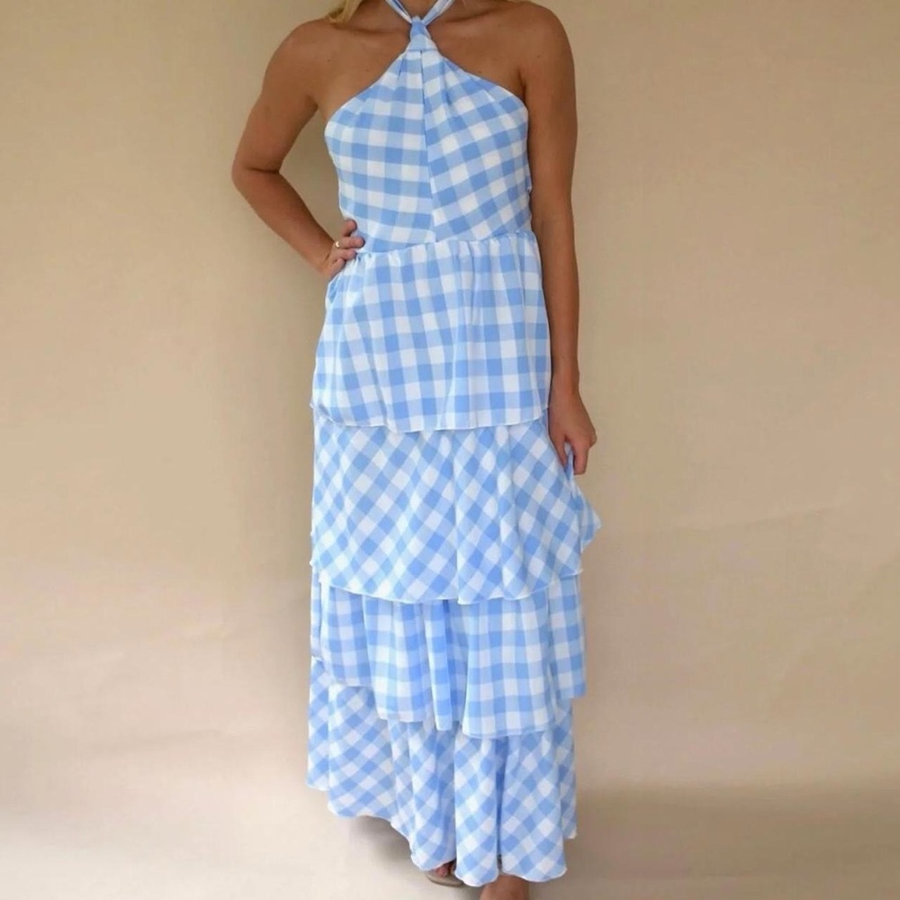 Blue Gingham Halter Maxi Dress